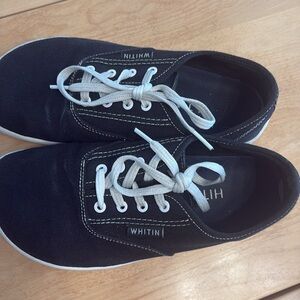 WHITIN Women’s Black Canvas Barefoot Sneakers with White Accents. Size 38